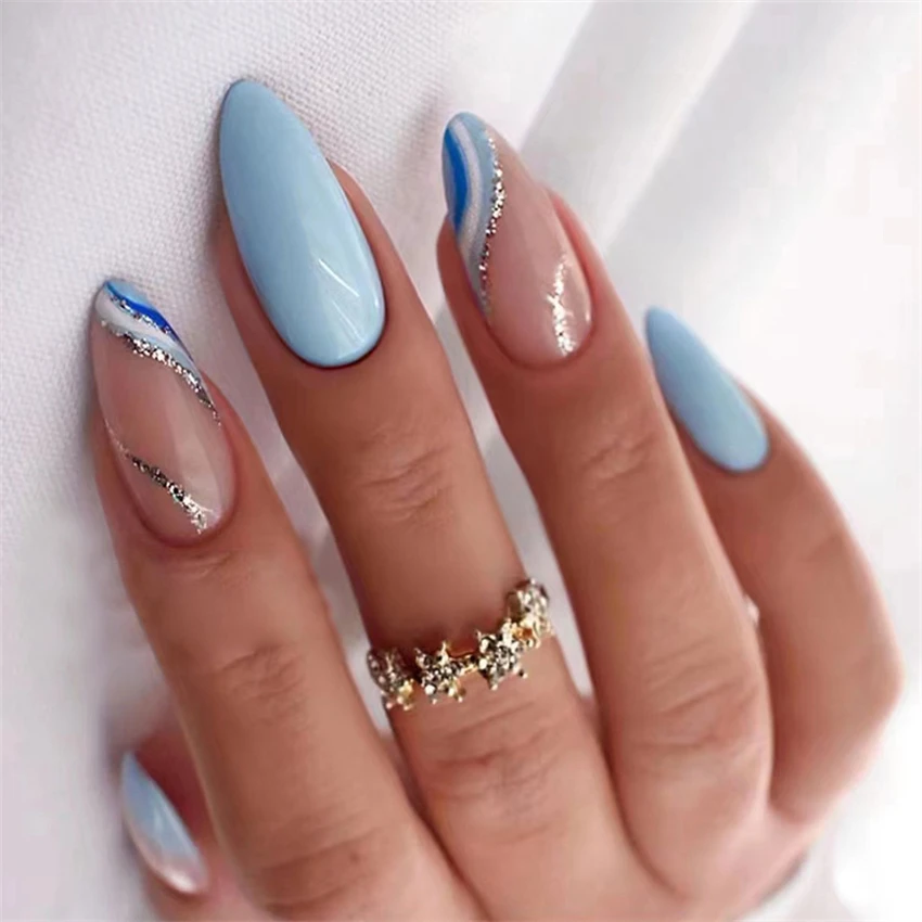 Nail Art French - 24pcs almond corrugated fake nails sea
