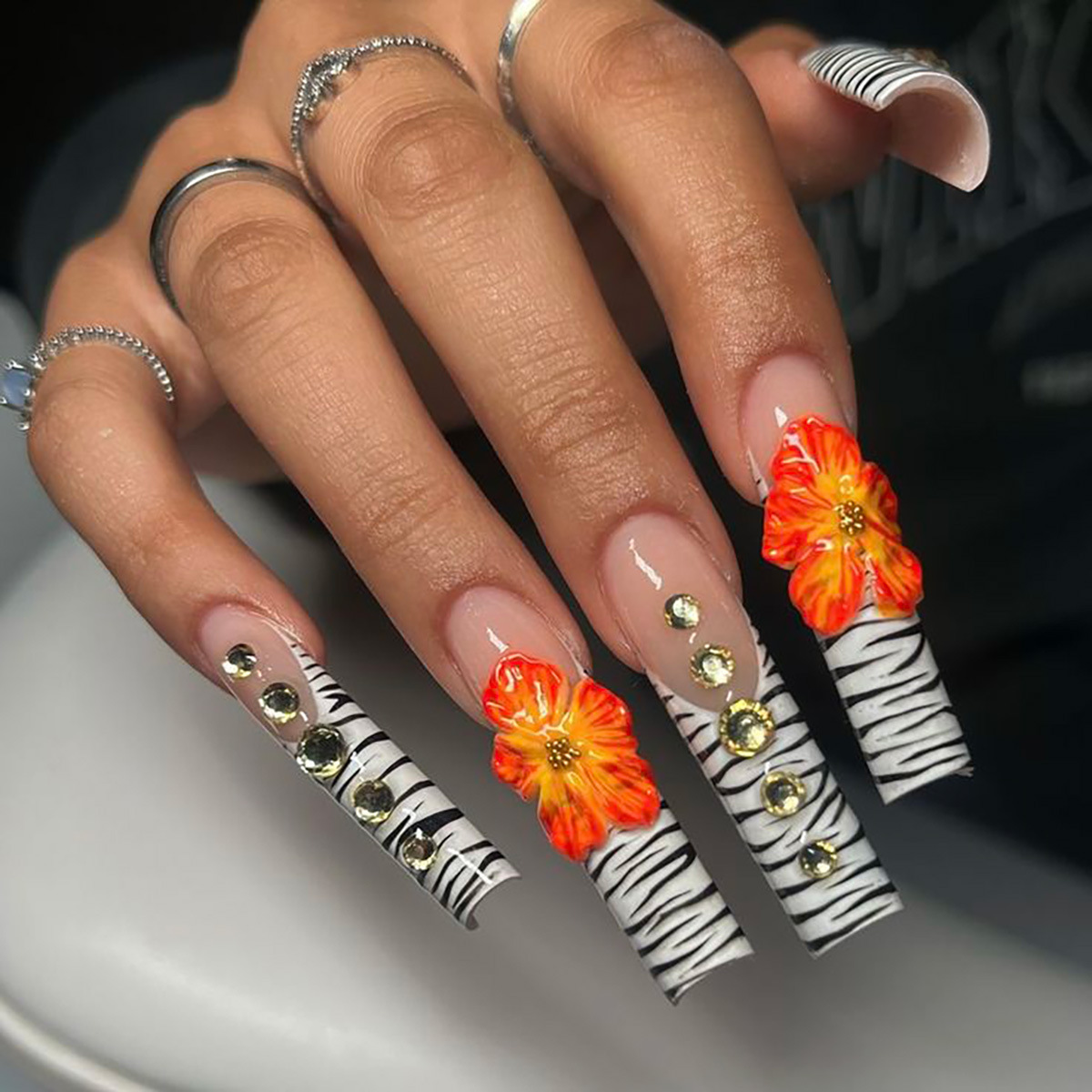 Nail Art French - 24pcs Flower Press on Nails Art