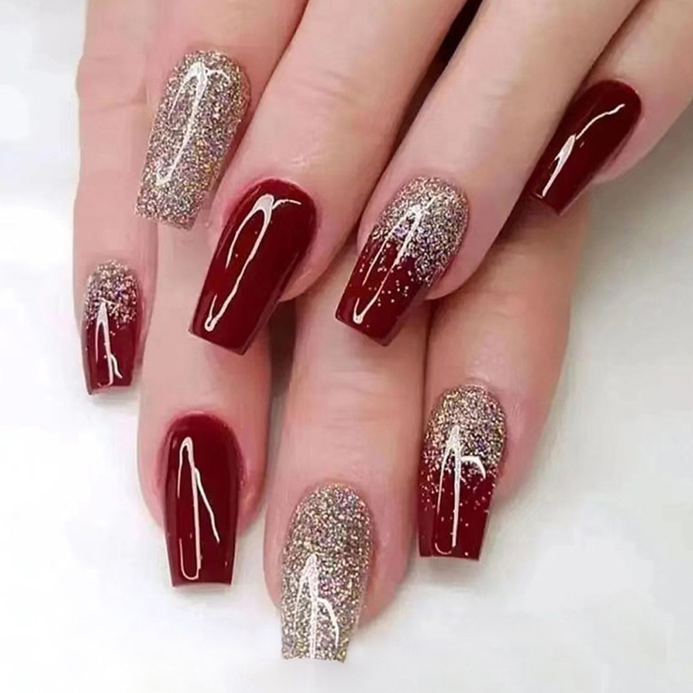 24Pcs Wine Red Flash Fake Nail - Nail Art French review and price