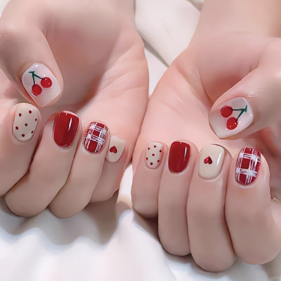 Short Square fake nails for wo - Nail Art Red Cherry review and price